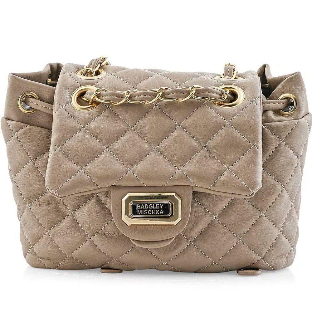 Badgley Mischka Taupe Vegan Leather Quilted Backpack